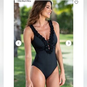 La blanca Island Goddess Ruffle V Plunge one piece swimsuit